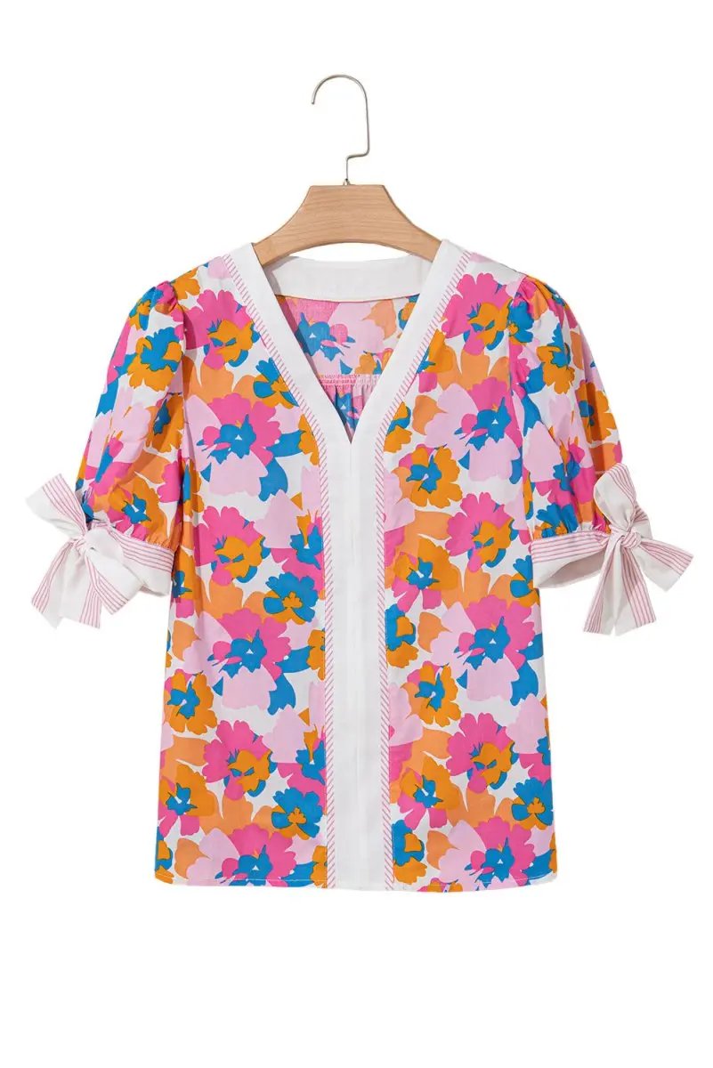 White Floral Colorblock Striped Edge V Neck Knotted Blouse - Love Salve